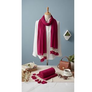 <b>Hijab</b> Scarf in Magenta with Pearl Floral Tassels Lightweight & Breathable, Crinkle Texture, Daily & Smooth Satin Finish - Product Image 4