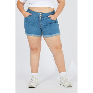 Shorts de mezclilla ajustados de tiro alto con 3 botones, dobladillo plegado, lavado en frío, transpirables, color azul, para mujer, personalizados - Product Image 1