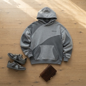 Sudadera con Capucha Personalizada para Hombre, Color Gris Claro, Estilo Oversize, con Costuras en Contraste, Estilo Urbano - Product Image 5