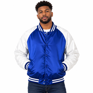 Chaqueta Varsity Azul Rey y Blanca para Hombre, con Cierre de Botones a Presión, Cuello y Puños Acanalados a Rayas, Chaqueta Bomber de Béisbol, Estilo Casual - Product Image 1