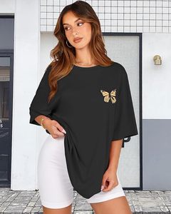 Camiseta Negra Oversize de Manga Corta con Cuello Redondo y Bordado de Mariposa Dorada para Mujer, Ajuste Holgado, Top Casual de Primavera Verano - Product Image 5