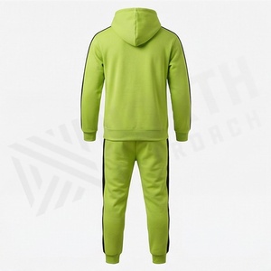 Men's Lime Green Hooded <b>Tracksuit</b> Full Sleeve Solid Color Casual Sportswear With Side Pockets Drawstring Closure - Product Image 2