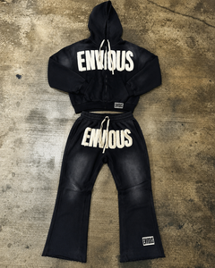 Custom Eco-Friendly Winter Streetwear Black Zip <b>Hoodie</b> Wide Leg Sweatpants Set Multicolor Vintage Washed Regular Fit Men - Product Image 4