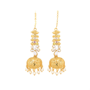 Trendy Matte Jhumka Earrings with Chain Stainless Steel and Alloy Diamond and Pearl Accents for Party and Wedding - Product Image 2