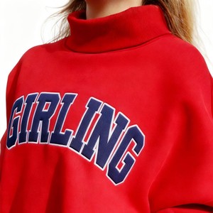 Sweat-shirt rouge à col roulé pour femme, coupe oversize, imprimé lettres, 100 % coton, tenue décontractée d'automne, sweat-shirt à col montant - Product Image 2