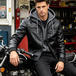 Chaqueta de Cuero para Hombre, Chaqueta de Motociclista, Chaqueta Cortavientos de PU con Capucha Desmontable - Product Image 5