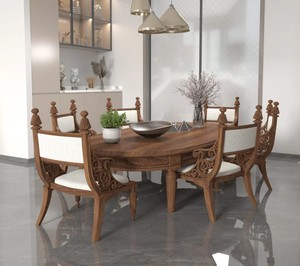 Ensemble de salle à manger rustique moderne japonais en teck massif à hauteur basse, 7 pièces, écologique, installation facile, dossier solide, pour hôtel - Product Image 1