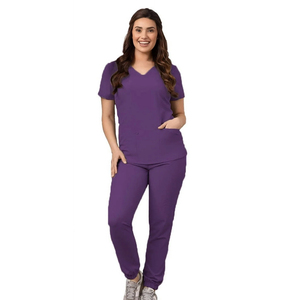 Women V Neck Short Sleeve Knitted <b>Scrub</b> Set <b>Purple</b> Cotton Polyester Hospital Uniform Nursing Workwear - Product Image 5