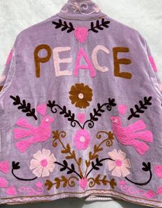 Vintage Lavender <b>Velvet</b> Floral Embroidered Suzani <b>Jacket</b> With Heart Pattern Full Sleeve Stand Collar Bohemian <b>Women</b> Autumn Coat - Product Image 3