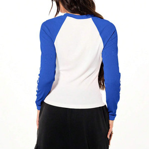 Wholesale Women Casual White Blue Cotton Summer Long Sleeve <b>Raglan</b> Crop <b>Top</b> Crew Neck Color Blocked Slim Fit Knitted T-Shirts - Product Image 2