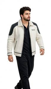 ONETEN APPAREL <b>Men</b> Streetwear Color Block Fleece Zip-Up Quilted Leather <b>Jacket</b> with Turn-Down Collar Winter OEM Service - Product Image 4