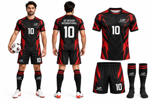 ชุดกางเกงฟุตบอลชายแบบกำหนดเอง พิมพ์ลายแบบ Sublimation ชุดยูนิฟอร์มฟุตบอลสีดำแดง ชุดกีฬาทีม โลโก้ส่วนตัว ขายส่ง - Product Image 4