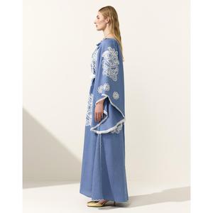 Women Blue Cotton <b>Maxi</b> Dress <b>White</b> Embroidery Full Sleeve V Neck Tie Waist Boho Dress - Product Image 5