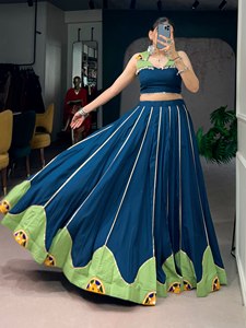 <b>Women</b> <b>Lehenga</b> Choli Cotton Floor-Length Quick Dry Festival Dress Gamthi Work Mirror Embellishment Pleated Skirt Navratri Wedding - Product Image 3