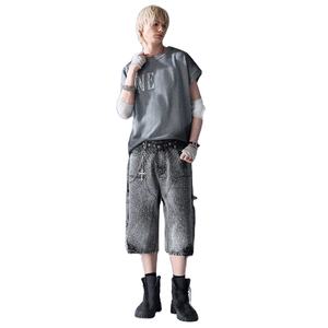 Pantalones cortos de mezclilla Cargo con diamantes de imitación negros para hombre, ropa de calle con dobladillo crudo de Hip Hop desgastado de gran tamaño, pantalones de moda de verano personalizados - Product Image 1