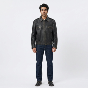 High Quality Breathable Men's Genuine Leather Short Sleeve <b>Jacket</b> with <b>Zip</b> Chest Pocket Canvas Fabric-Autumn Vintage Style - Product Image 1