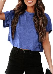 Camiseta corta rosa para mujer, manga corta, cuello redondo, informal, tejida, top corto, ropa de calle de verano - Product Image 3