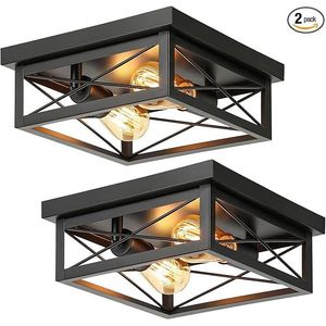 Modern 2-<b>Light</b> Industrial <b>Square</b> Flush Mount <b>Ceiling</b> <b>Light</b> Farmhouse Style Black Finish for Kitchen or Close Spaces - Product Image 1