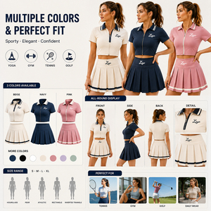 Ensemble 2 pièces de sport et de yoga pour femme : veste et jupe courte, avec fermeture éclair dorée personnalisée, et leggings taille haute pour le fitness - Product Image 2