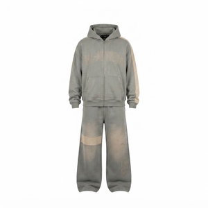 Conjunto de chándal de dos piezas para hombre, estilo vintage, con sudadera con cremallera y pantalones de chándal de pierna ancha, con bloques de color, al por mayor - Product Image 3