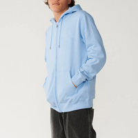 Hoodie Zipper Pria Polos Biru Muda Bahan Fleece Tebal Grosir Logo Kustom OEM, Sweatshirt Hoodie Resleting Biru Langit Katun Polos