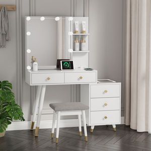 "Makeup Vanity with Solid Wood Legs & Copper Sheath 5 Drawers & 2 Layer Shelf FCH Pitted Particle Board Triamine Coating" - Product Image 1