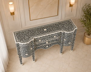<b>Black</b> Bone Inlay <b>Sideboard</b> Console Table Solid Wood Living Room Cabinet Entryway Storage Furniture - Product Image 3