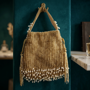 Sac à main Potli artisanal en soie brodée avec motif floral doré et cordon de serrage à pompon perlé, sac de mariage - Product Image 5