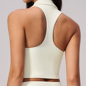 T-shirt court de sport athlétique pour femme, à haute compression, ajusté, sans manches, col polo, bas côtelé, anti-transpiration - Product Image 2