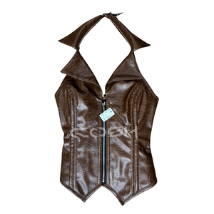 Corsé gótico de piel sintética marrón con varillas de acero, cuello, decoración con cordones laterales y cierre de busk. - Product Image 1