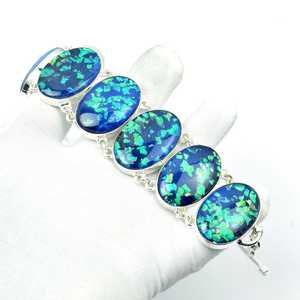 Pulsera de ópalo azul australiano ovalada, plata de ley 925, hecha a mano, estilo bohemio, pulsera de ópalo natural para mujer - Product Image 2