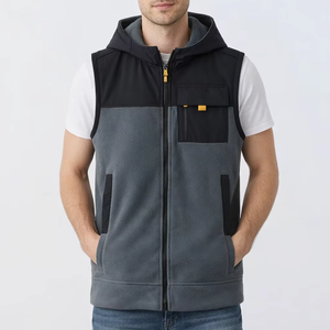 Gilet sans manches à capuche gris et noir pour homme, décontracté, zippé, utilitaire, léger, pour l'extérieur, avec poches avant, style colorblock moderne - Product Image 1