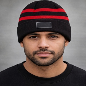 Gorro unisex negro con rayas rojas, gorro de invierno tejido, estilo casual, cómodo, tejido premium cálido, gorro para unisex - Product Image 2