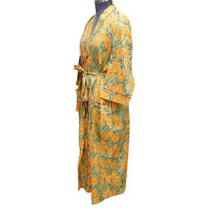 Bata Larga Estampada Floral para Mujer, Cuello en V, Manga Tres Cuartos, 100% Algodón Suave, Estilo Casual de Verano, Cierre con Cinturón, Transpirable - Product Image 2