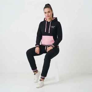 Women's Black <b>Pink</b> Color Blocked Hooded <b>Tracksuit</b> Set Full Sleeve Sporty Knitted 2-Piece Long Regular Fit All Seasons Wear - Product Image 5