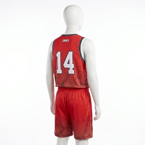 Ensemble d'uniformes de basketball réversibles personnalisés, maillot et short double face rouge et bleu pour camps, ligues, numéros d'équipe, logo, 100 % polyester - Product Image 3