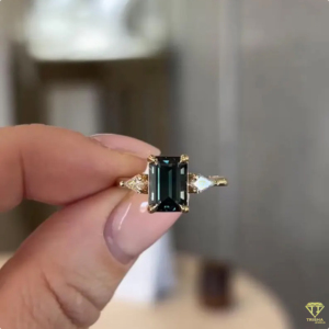 Luxury Dark Green Moissanite <b>Ring</b> 925 <b>Silver</b> <b>Emerald</b> Cut With Side Stones Bridal Jewelry - Product Image 3