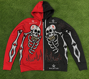 Custom Black <b>Red</b> Skeleton <b>Hoodie</b> Men's Gothic Rhinestone Embroidered Zip Up Hooded Sweatshirt Streetwear Fashion - Product Image 6