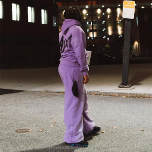 Ensemble de survêtement de jogging en molleton épais délavé à l'acide pour l'hiver, style streetwear, avec pantalon de survêtement évasé et fermeture éclair intégrale, pour lavage par pulvérisation - Product Image 2