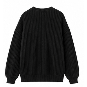 Men's Black Ribbed Knit Sweater Lantern Sleeve Front Pocket Solid Color 100% Acrylic Standard <b>Thickness</b> Knitted Sweaters - Product Image 2