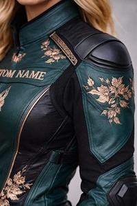 Combinaison de motard en cuir brodée or et vert émeraude personnalisée pour femme |   Équipement de course premium à motif loup avec nom personnalisé B - Product Image 2