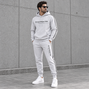 KRU Men's Hooded Tracksuit Set <b>Black</b> Gray Stripe Full Sleeve Casual Sweatshirt <b>Pants</b> With Side Pockets Breathable Polyester - Product Image 5