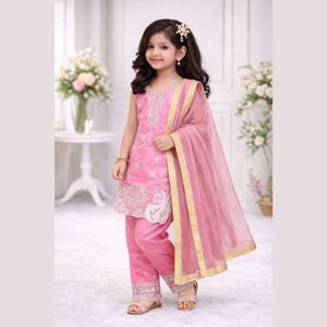 Pink Embroidered Girls Salwar Kameez Set with Dupatta Traditional Premium Outfit for <b>Wedding</b> Party Kids Wear By Royal Export - Product Image 1