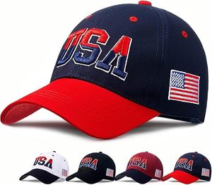 Casquette de baseball unisexe réglable en coton brodée USA à 5/6 panneaux avec patch drapeau américain, couleurs rouge, bleu, blanc, toutes saisons - Product Image 1