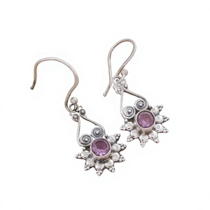 Natural Amethyst Gemstone Sun design Dangle <b>Earring</b> 925 Sterling <b>Silver</b> <b>Drop</b> Handmade Geometric <b>Earrings</b> - Product Image 1