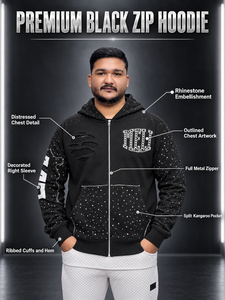 Premium <b>Black</b> Zip <b>Hoodie</b> Men Streetwear Rhinestone Embellished Full Metal <b>Zipper</b> Distressed Chest Design Regular Fit - Product Image 1