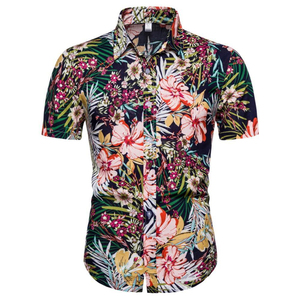 Men's Solid Summer Hawaiian Style Slim Fit Custom Satin Cotton Breathable <b>Half</b> Sleeve Turn-down Collar Eco-Friendly UV - Product Image 1