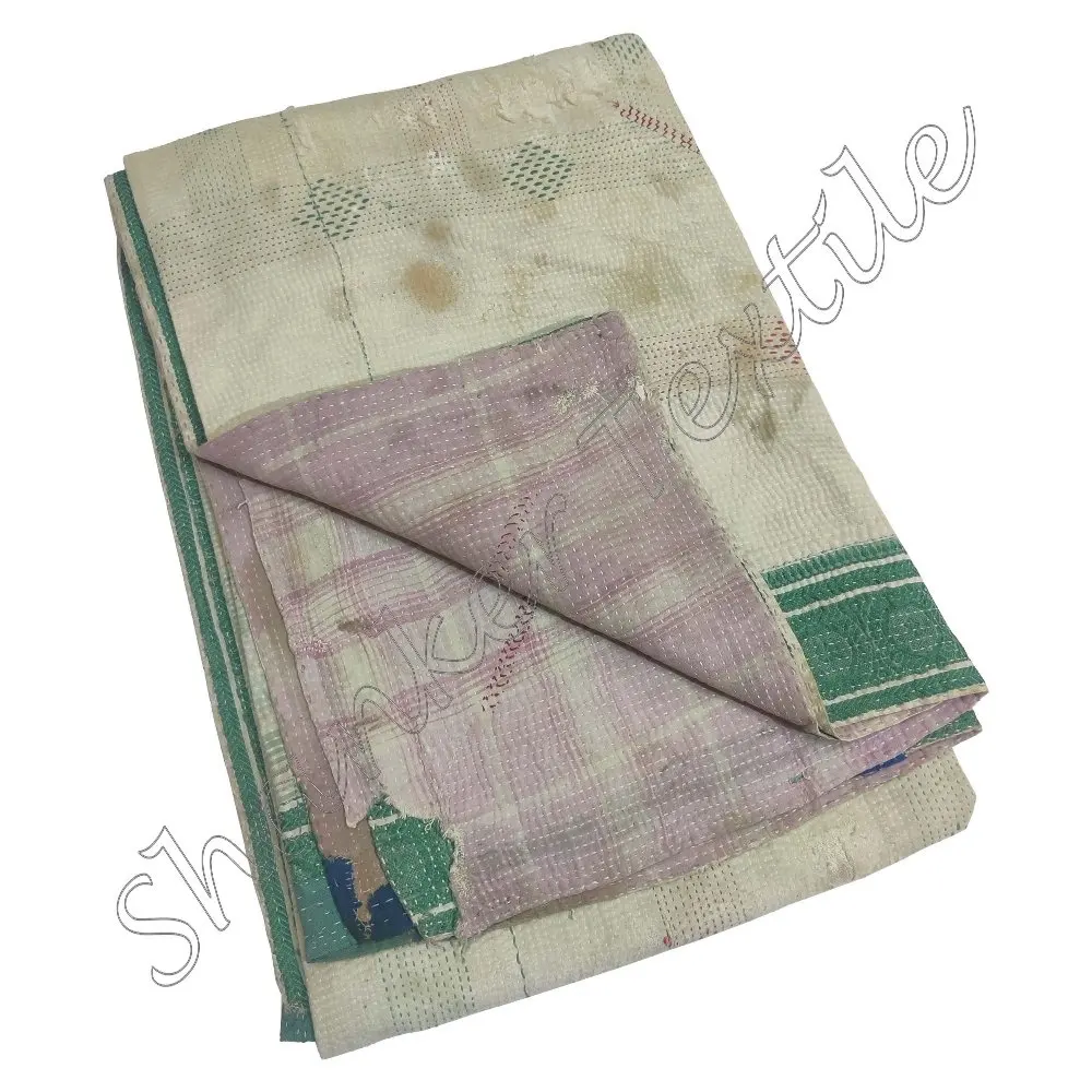 Edredón Kantha con estampado Vintage cosido, Queen Kantha colcha de tamaño, manta Kantha de algodón puro, funda de cama india, ropa de cama antigua, comodidad