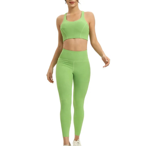 Women Green Seamless Knitted Spandex Activewear Set Spaghetti Strap Crop <b>Top</b> Full Length Leggings Stretch Breathable Quick Dry - Product Image 4