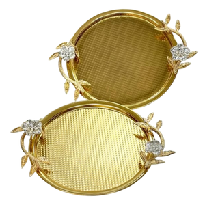 Vintage Wedding Or Party Decorative Food <b>Serving</b> <b>Tray</b> Premium <b>Gold</b> Plated Decorative Oval <b>Serving</b> <b>Tray</b> With Floral Design Accent - Product Image 1